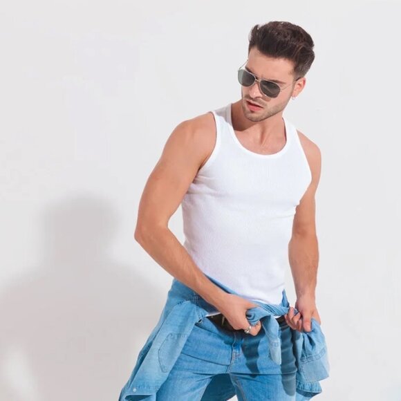 Men's Classic Solid Slim-Fit Cotton Soft Ribbed Slim-Fitting Summer Tank Tops - Picture 6 of 14
